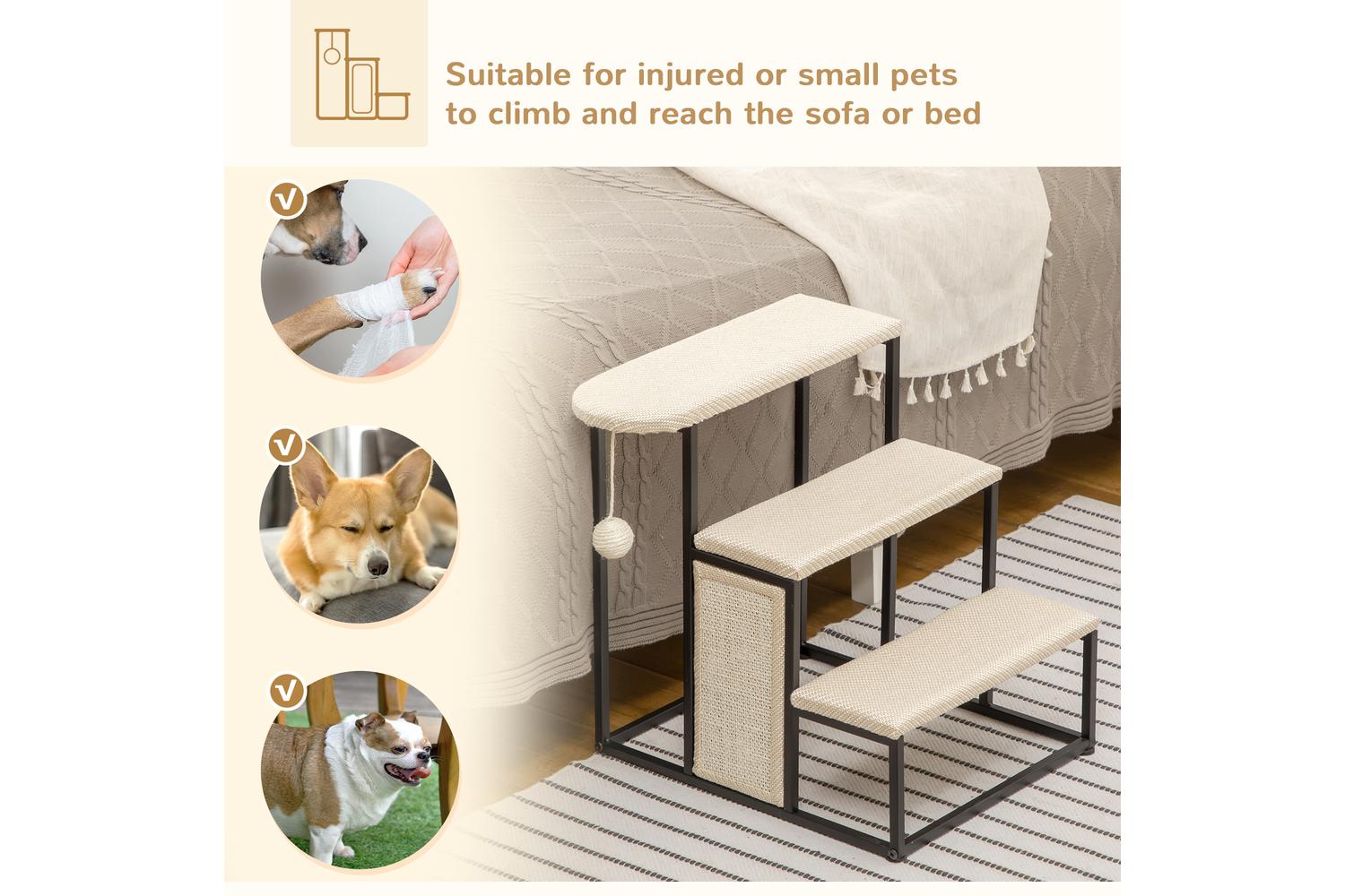 PawHut D06-156V00CW Three-Step Pet Stairs | Cream-5