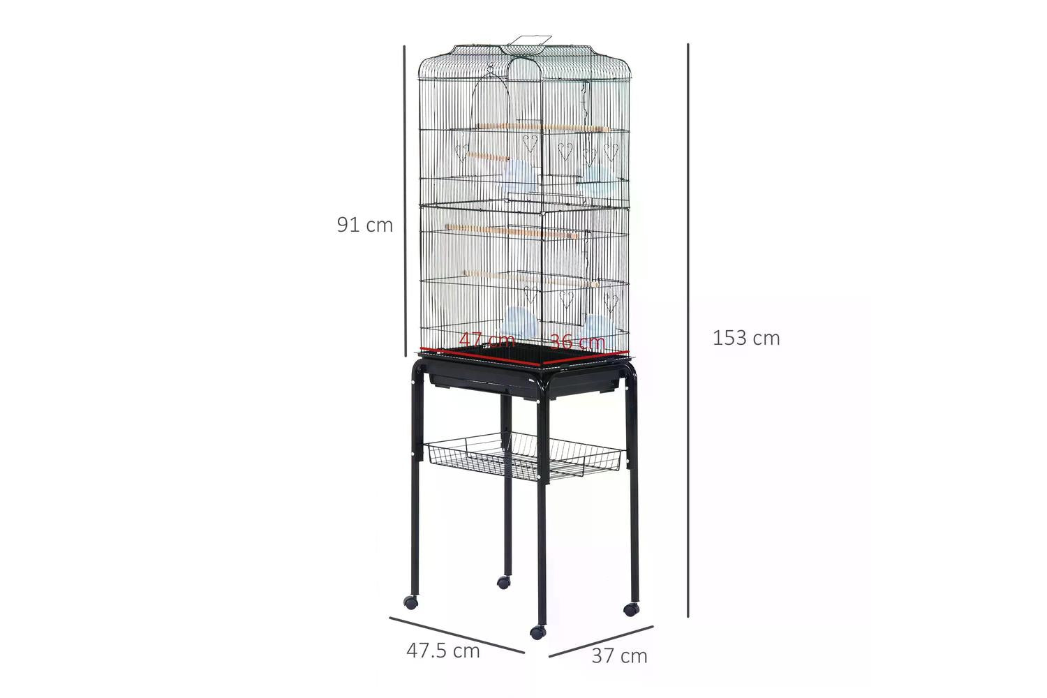 PawHut D10-019BK Metal Bird Cage with Removable Wheels Stand | Black-2