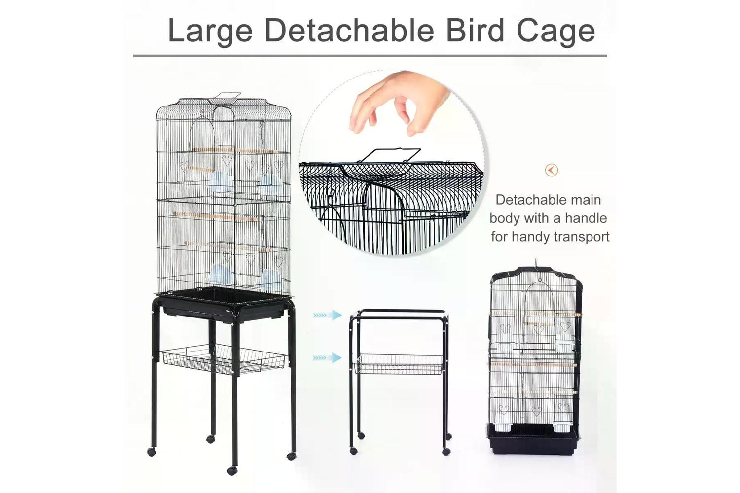 PawHut D10-019BK Metal Bird Cage with Removable Wheels Stand | Black-4
