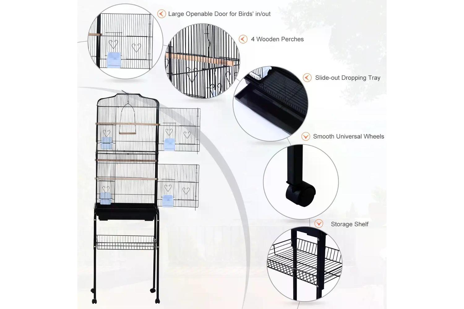 PawHut D10-019BK Metal Bird Cage with Removable Wheels Stand | Black-5