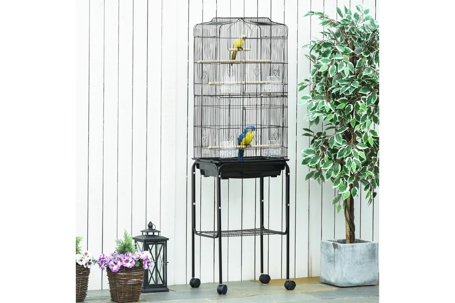 PawHut D10-019V01BK Bird Cage with Stand Wheels | Black