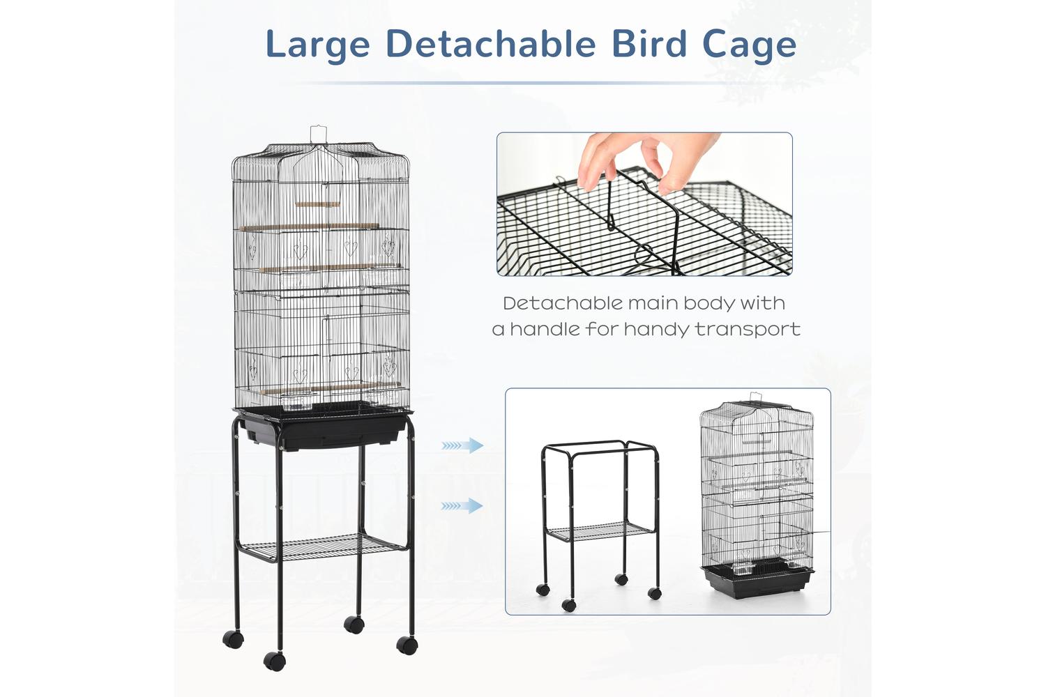 PawHut D10-019V01BK Bird Cage with Stand Wheels | Black-3