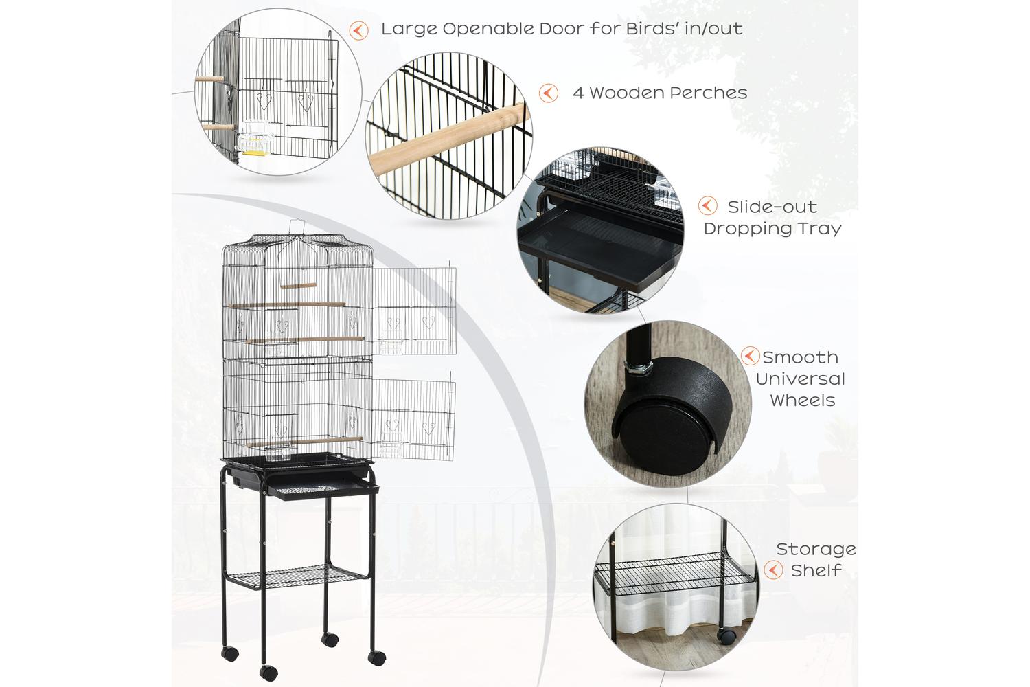 PawHut D10-019V01BK Bird Cage with Stand Wheels | Black-4