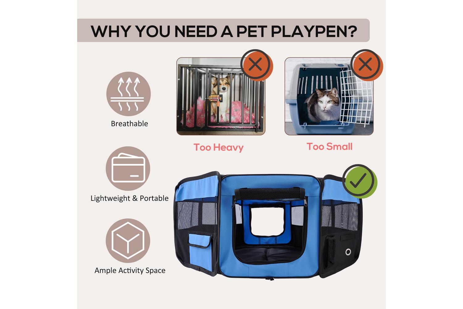 PawHut D1-0109 Breathable Pet Playpen | Blue & Black-3