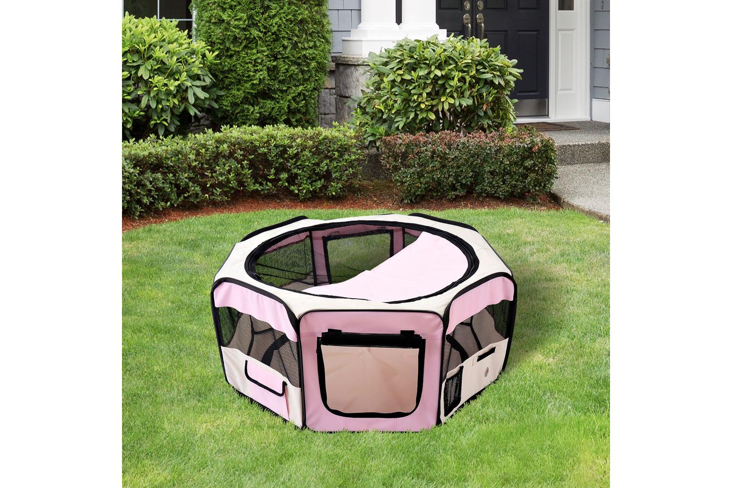 PawHut D1-0110 Breathable Pet Playpen | Beige & Pink