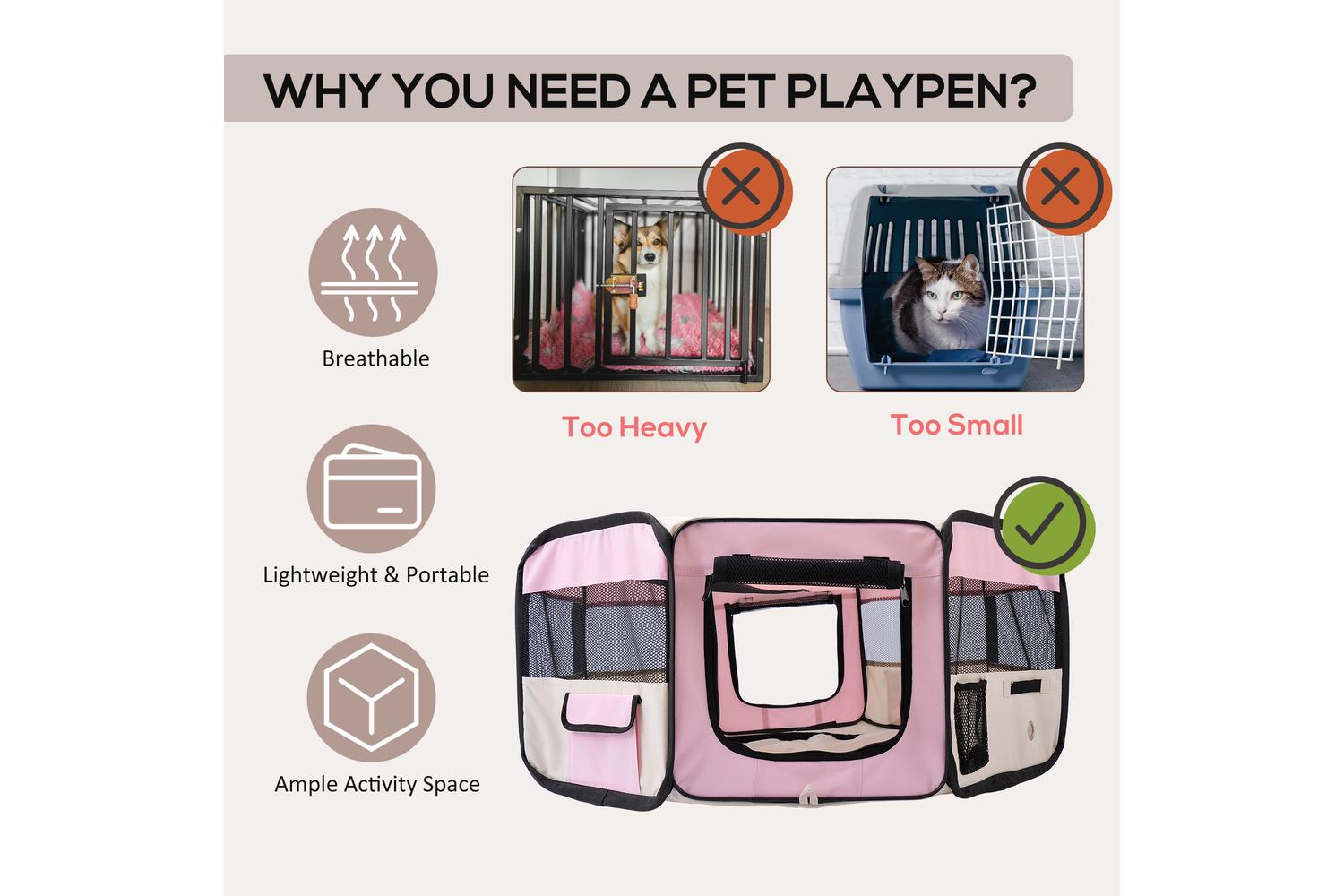 PawHut D1-0110 Breathable Pet Playpen | Beige & Pink-3