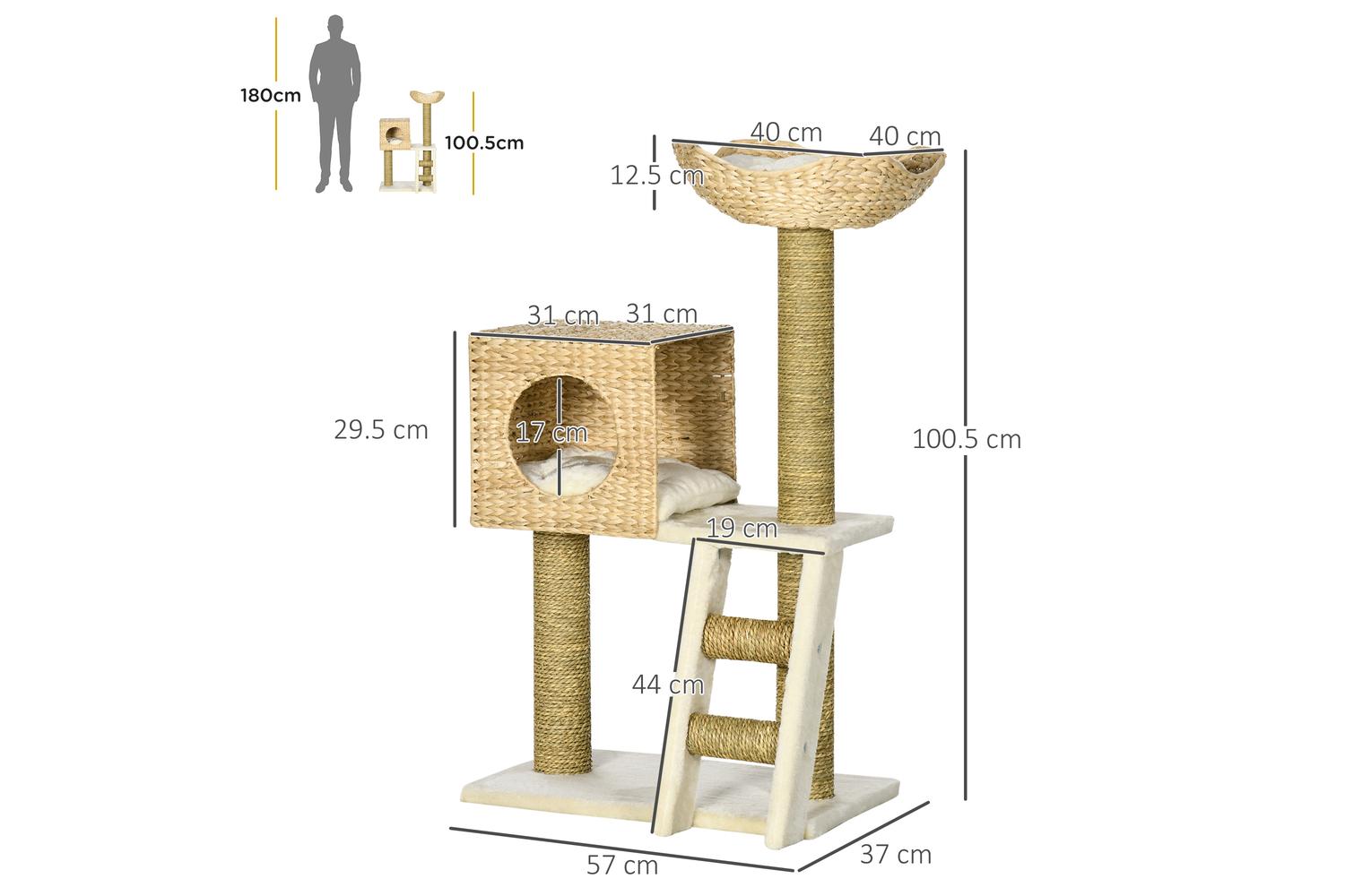 PawHut D30-410 100.5cm Scratching Post Cat Tree | White/Natural-2