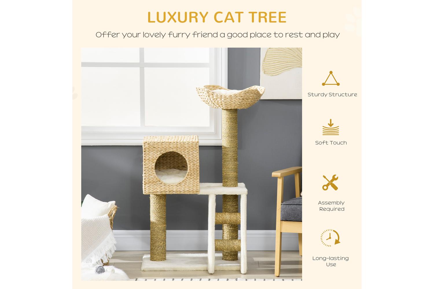 PawHut D30-410 100.5cm Scratching Post Cat Tree | White/Natural-3