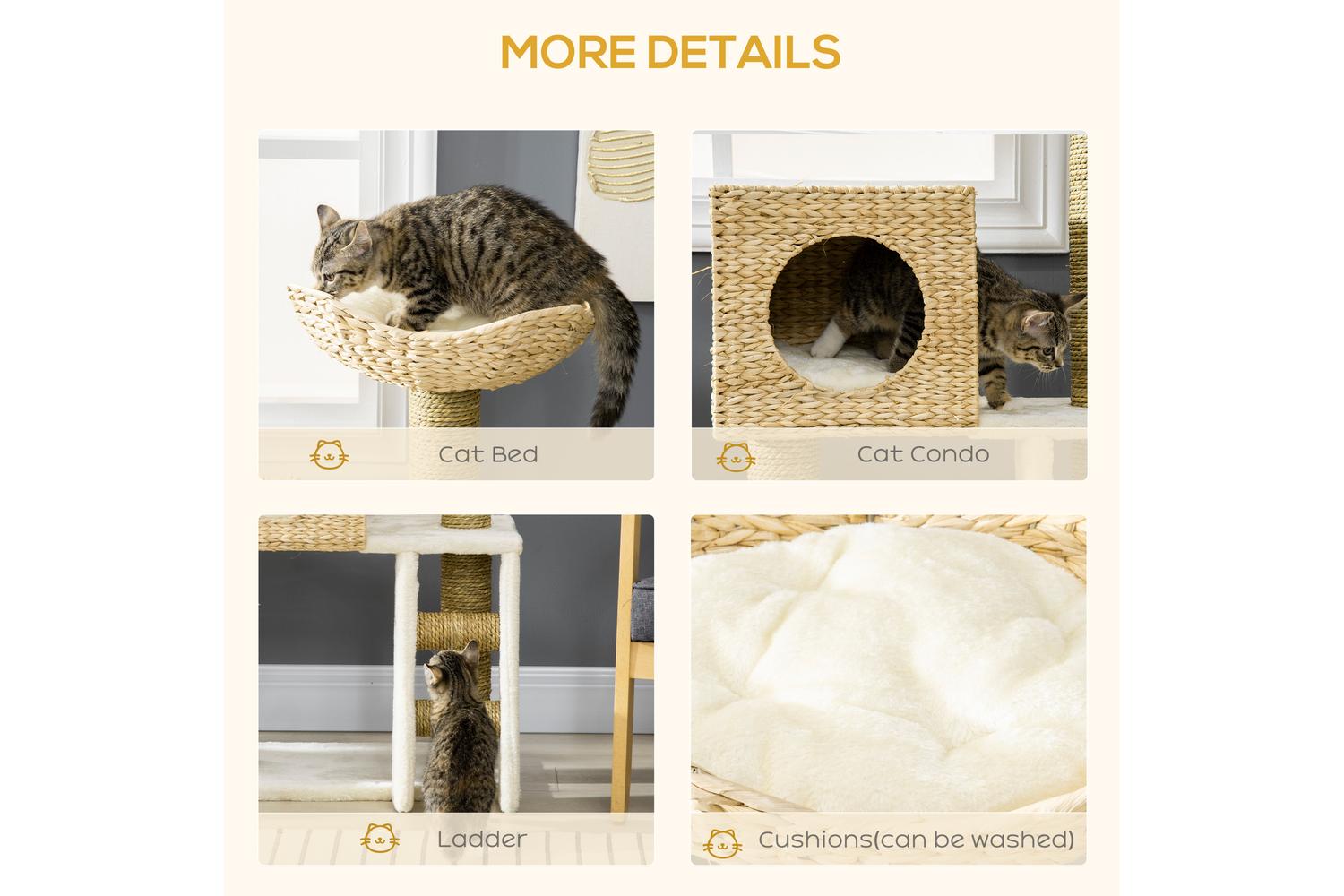 PawHut D30-410 100.5cm Scratching Post Cat Tree | White/Natural-4