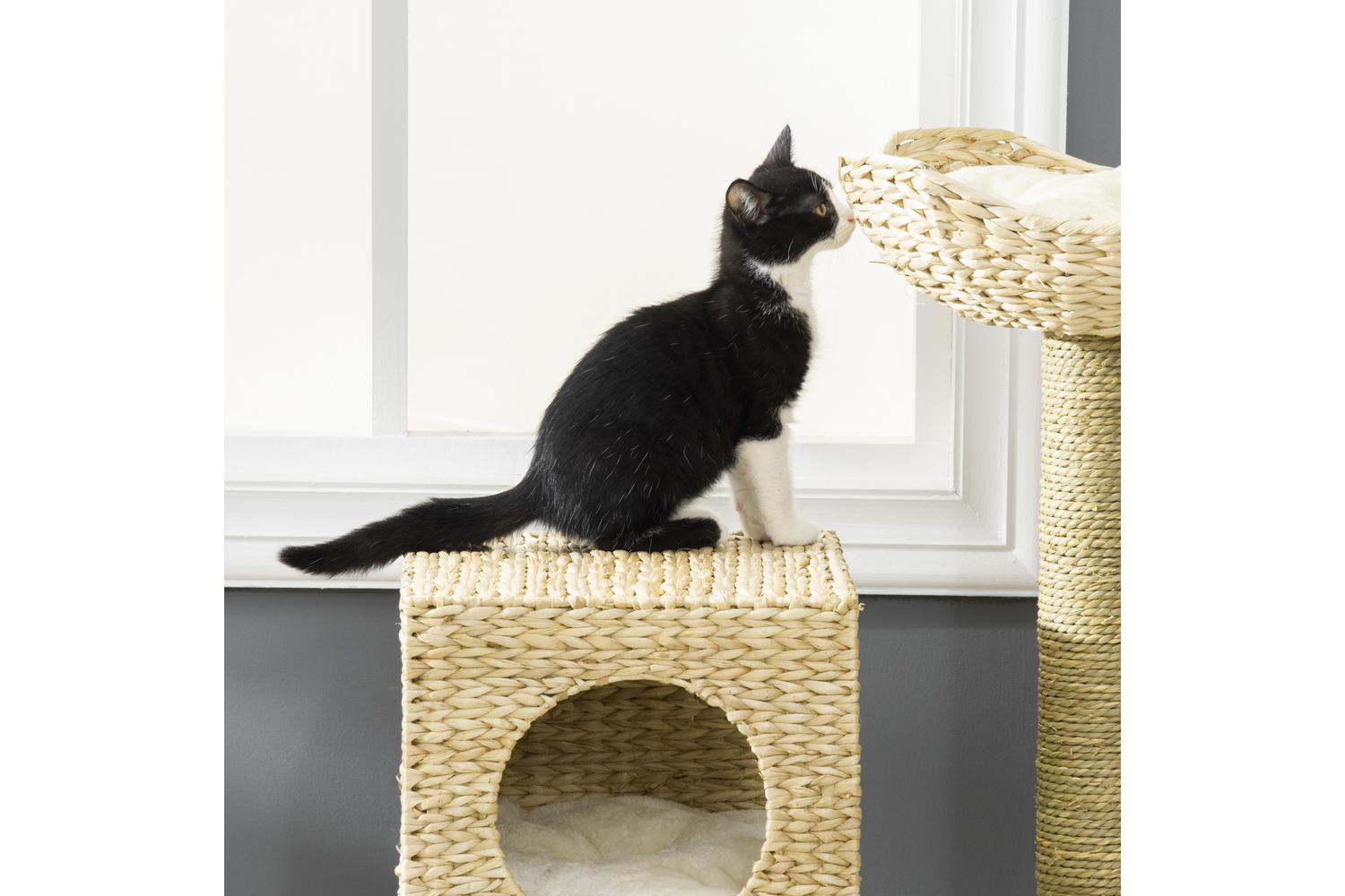 PawHut D30-410 100.5cm Scratching Post Cat Tree | White/Natural-6