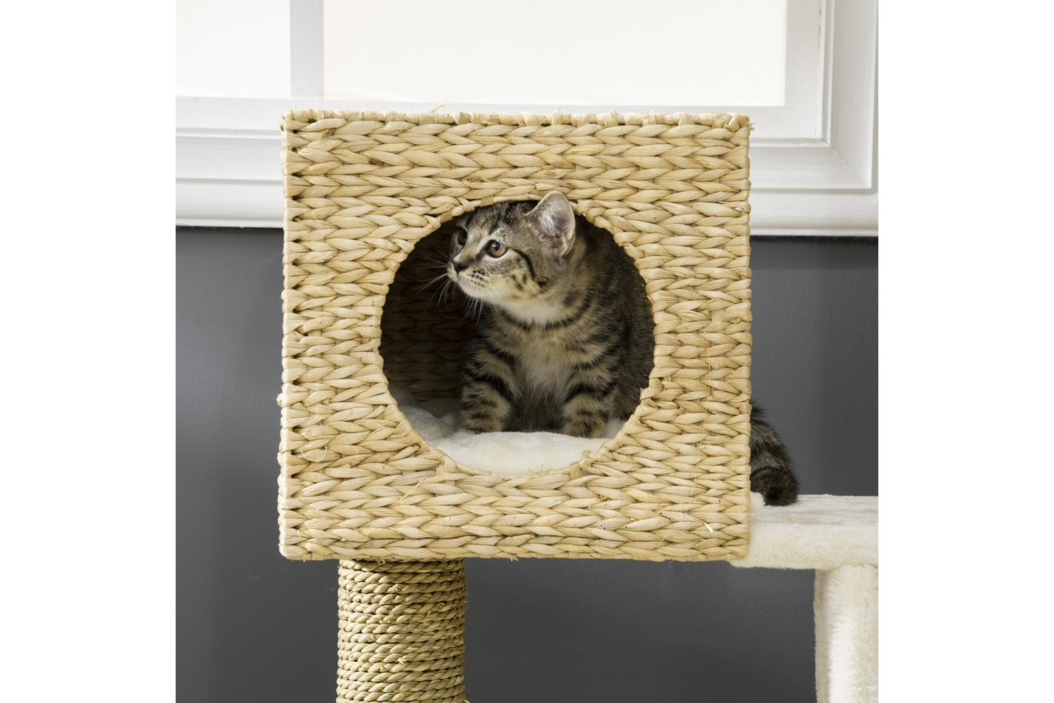 PawHut D30-410 100.5cm Scratching Post Cat Tree | White/Natural-7