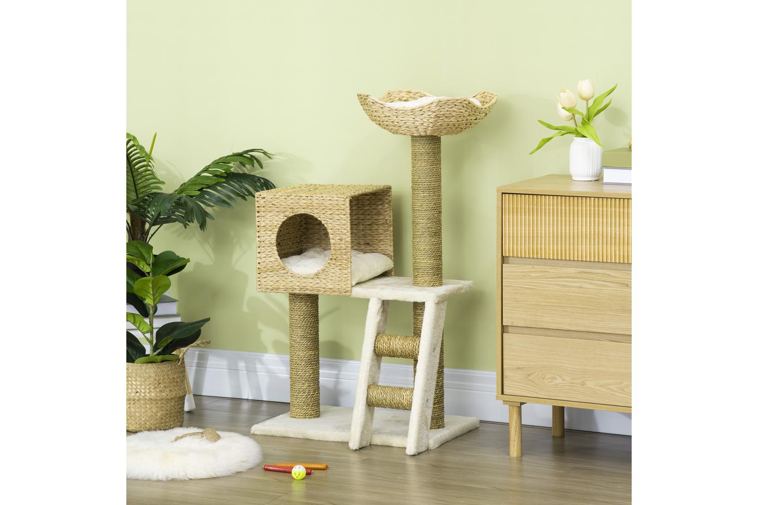 PawHut D30-410 100.5cm Scratching Post Cat Tree | White/Natural-9