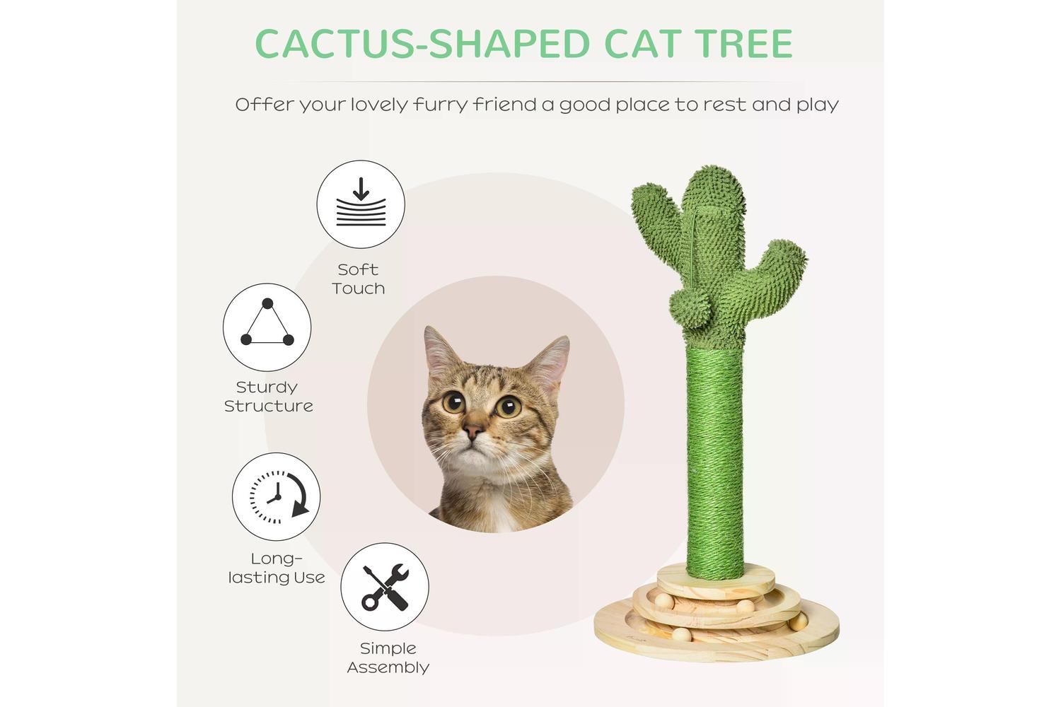 PawHut D30-453 Cactus Sisal Scratching Post Cat Tree | Green/Natural-3