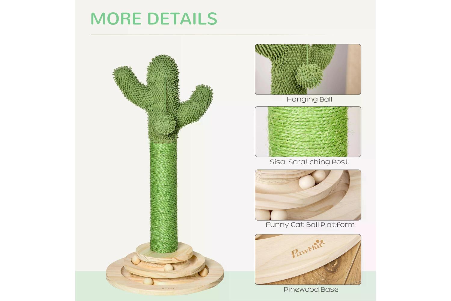 PawHut D30-453 Cactus Sisal Scratching Post Cat Tree | Green/Natural-4