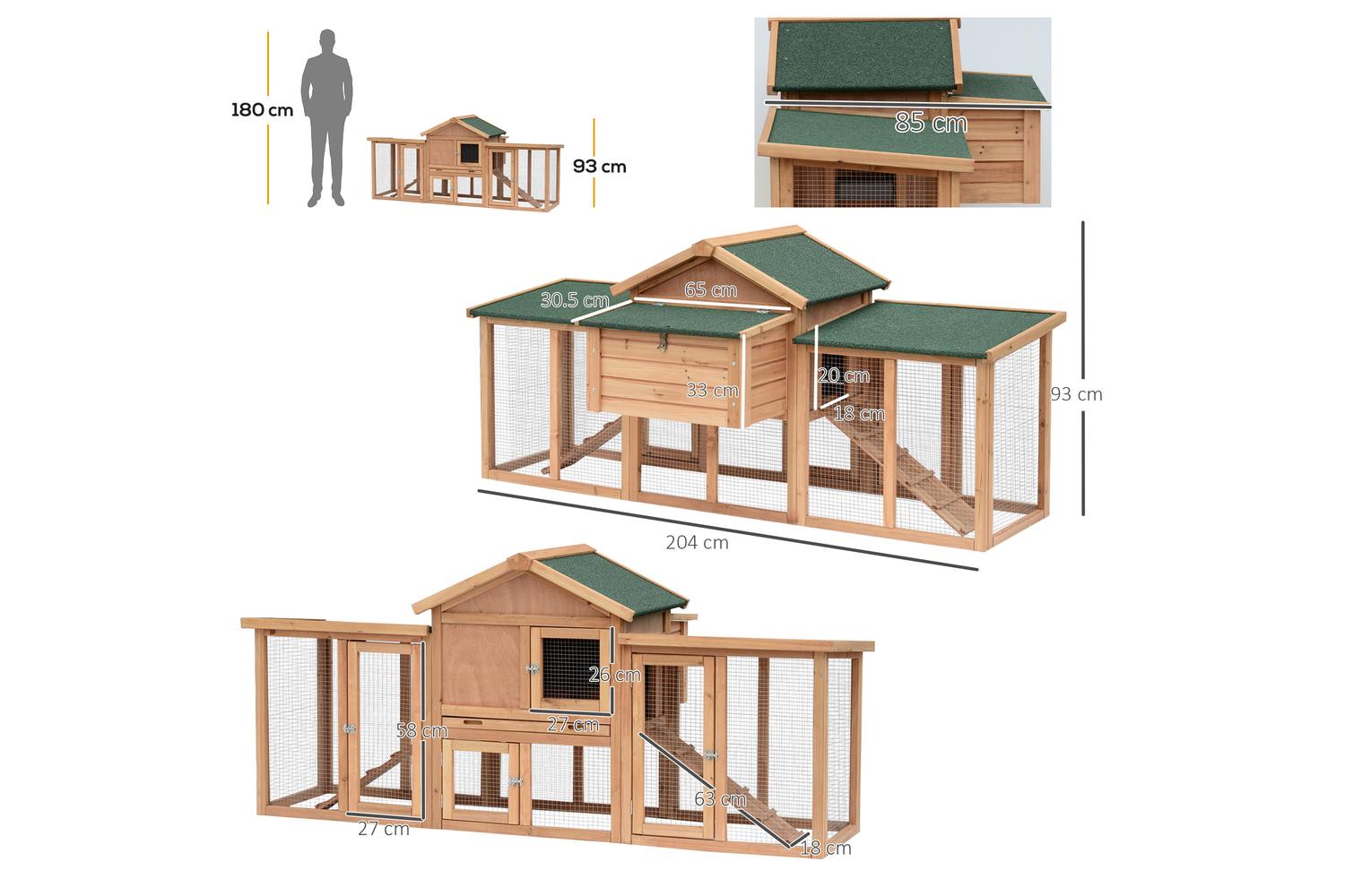 PawHut D51-050 Wooden Backyard Hen Cage House with Nesting Box Run-2