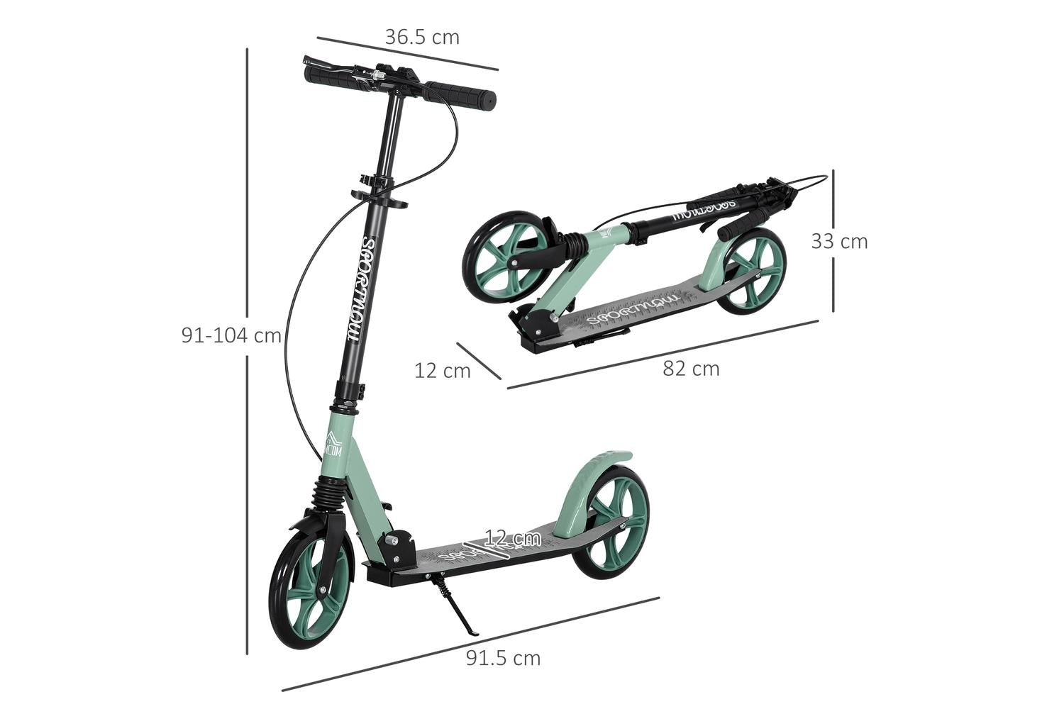 Homcom Adult Kick Scooter with Adjustable Handlebar | Green/Black-2