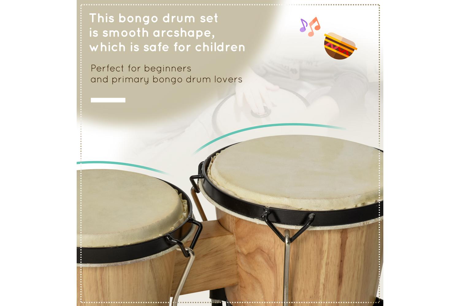 Homcom Wooden Bongo Drum Set with Carry Bag | Brown-3