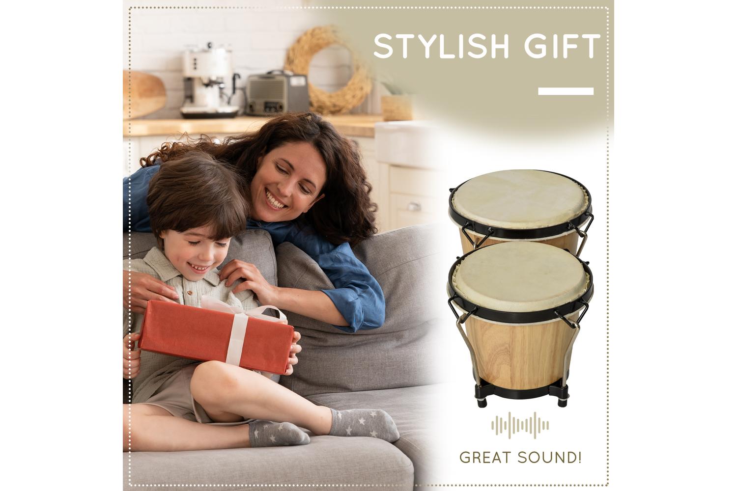 Homcom Wooden Bongo Drum Set with Carry Bag | Brown-6
