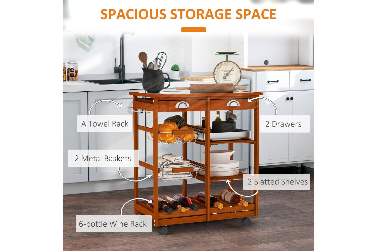 Homcom Wooden Kitchen Trolley Rolling Cart | Honey-3