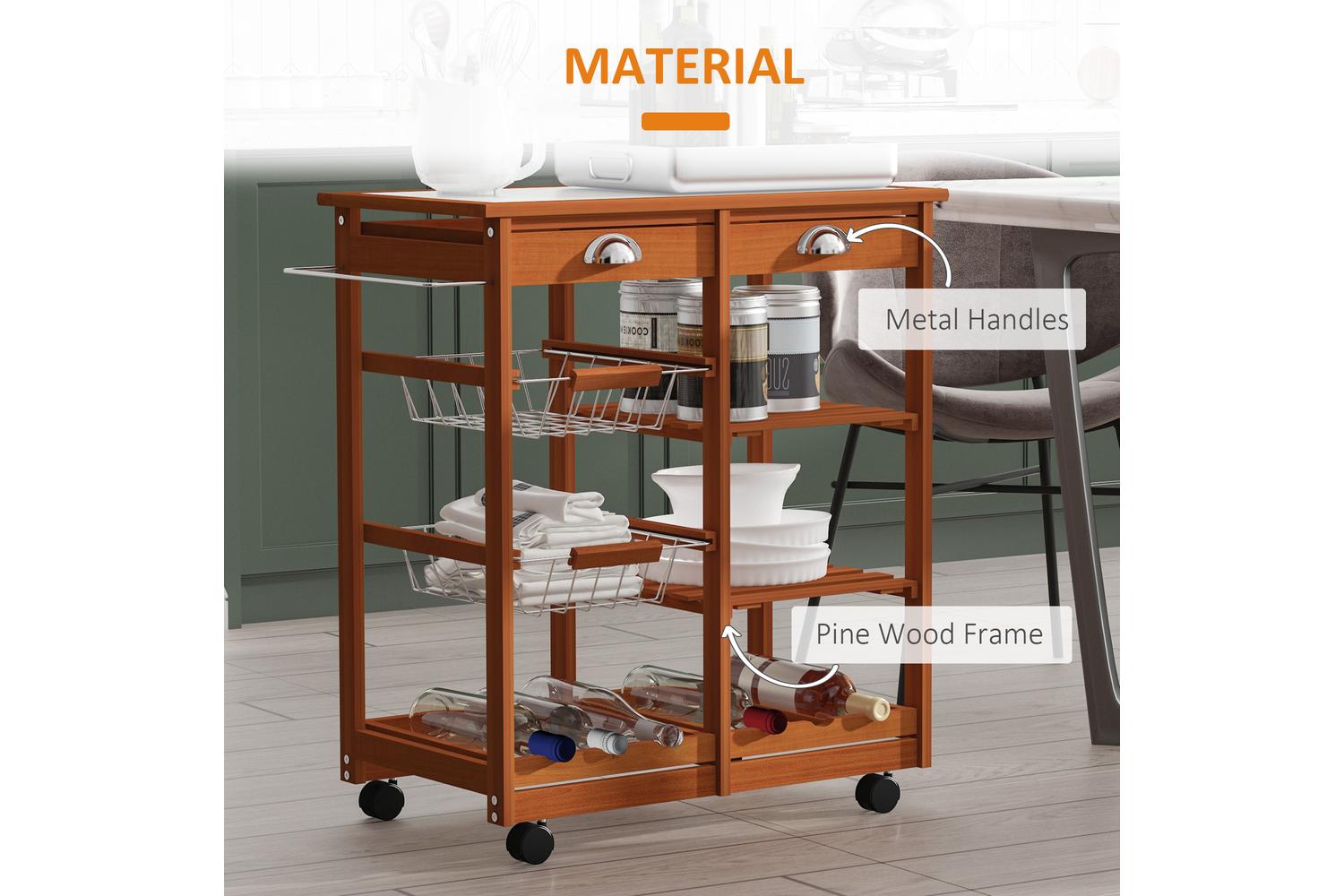 Homcom Wooden Kitchen Trolley Rolling Cart | Honey-5