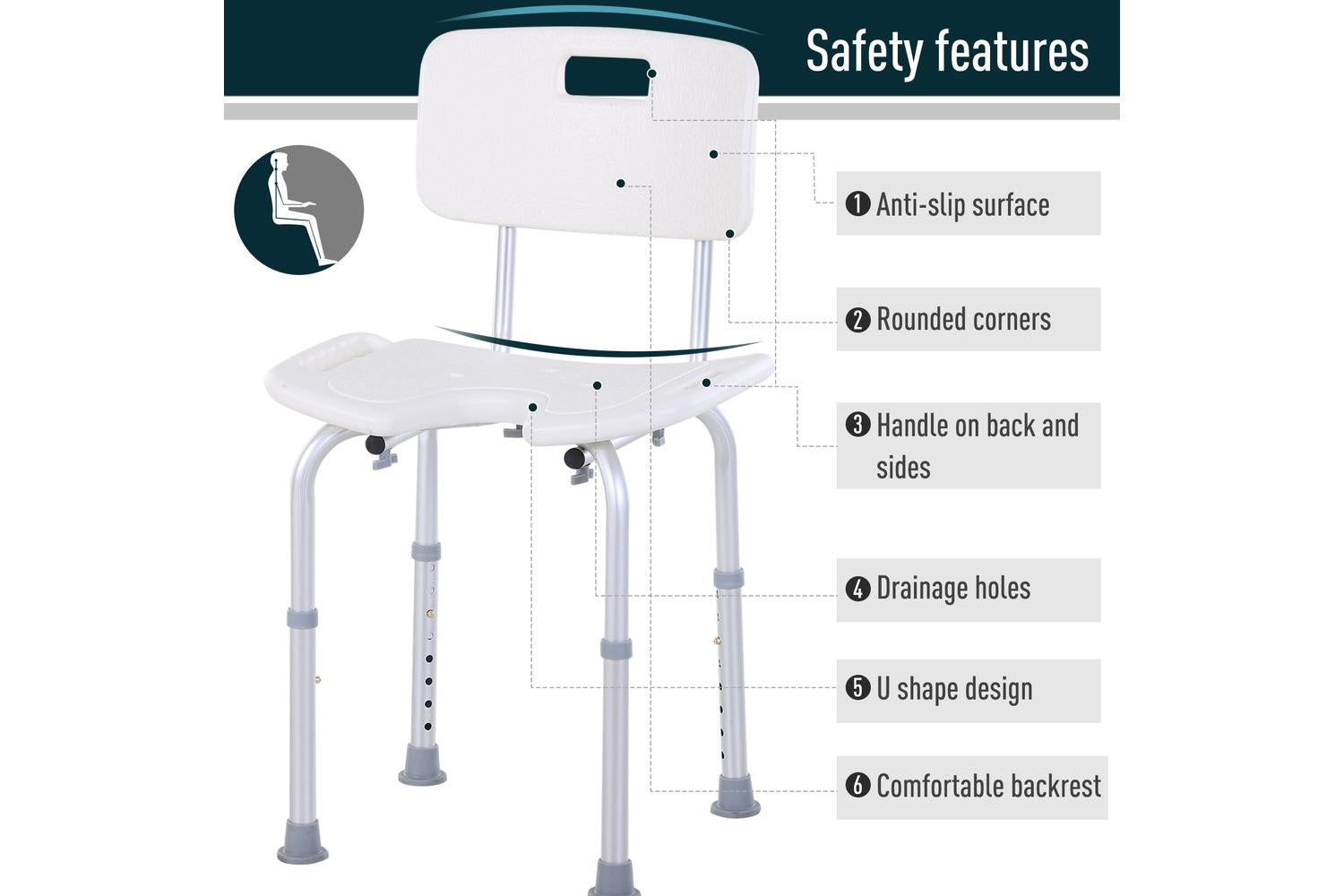 Homcom Height Adjustable Spa Shower Chair | White/Silver-4