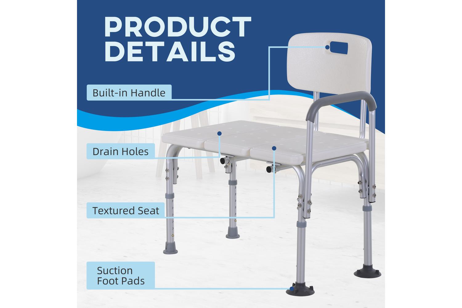 Homcom Adjustable Shower Chair with Back and Handles | White/Silver-3