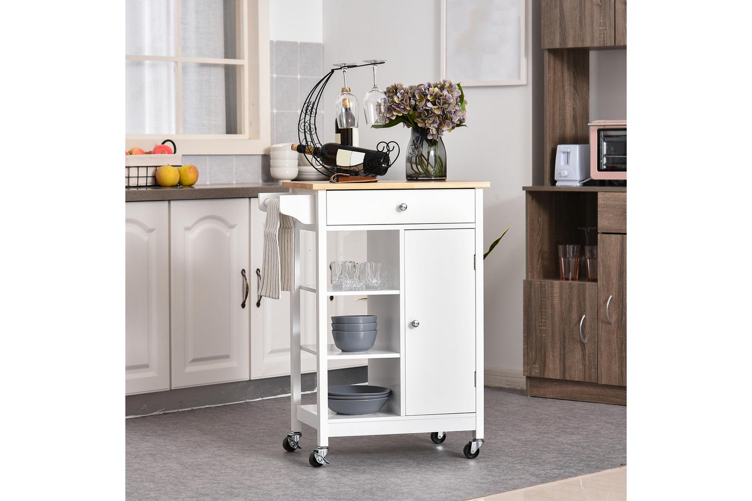 Homcom MDF Kitchen Storage Trolley Cart | White/Natural
