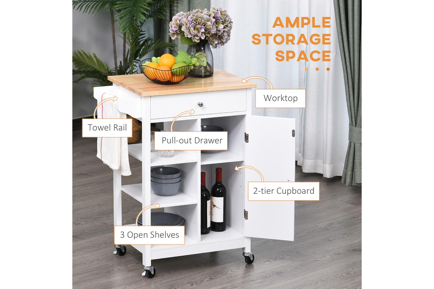 Homcom MDF Kitchen Storage Trolley Cart | White/Natural-3