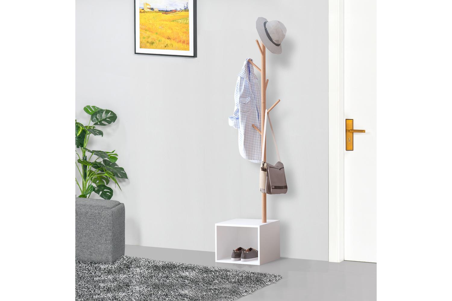Homcom Coat Rack Storage Bench | White/Natural Wood
