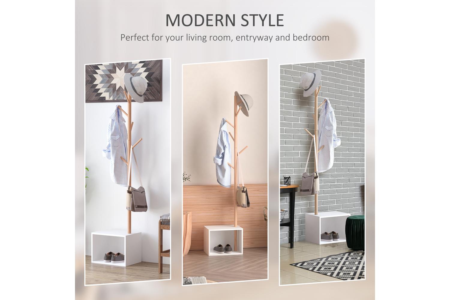 Homcom Coat Rack Storage Bench | White/Natural Wood-3