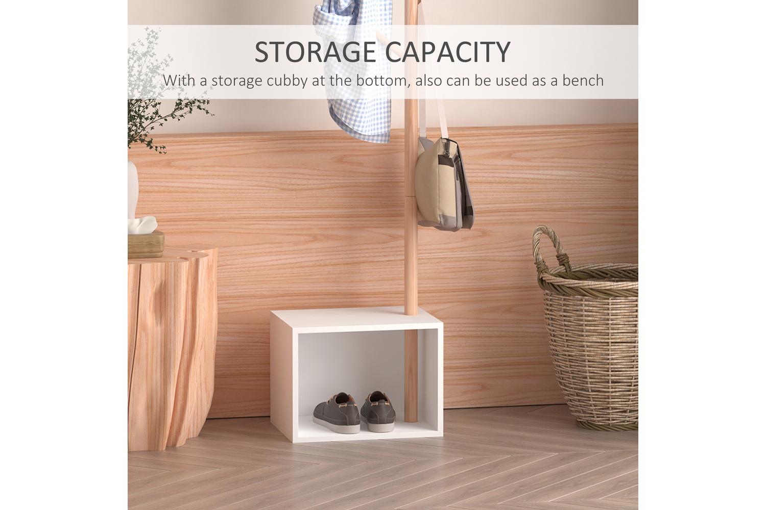 Homcom Coat Rack Storage Bench | White/Natural Wood-4