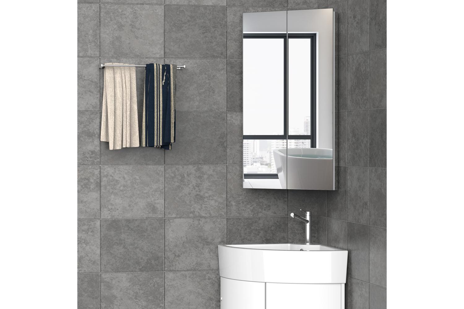 Kleankin Wall Mounted Corner Bathroom Mirror Cabinet | Silver