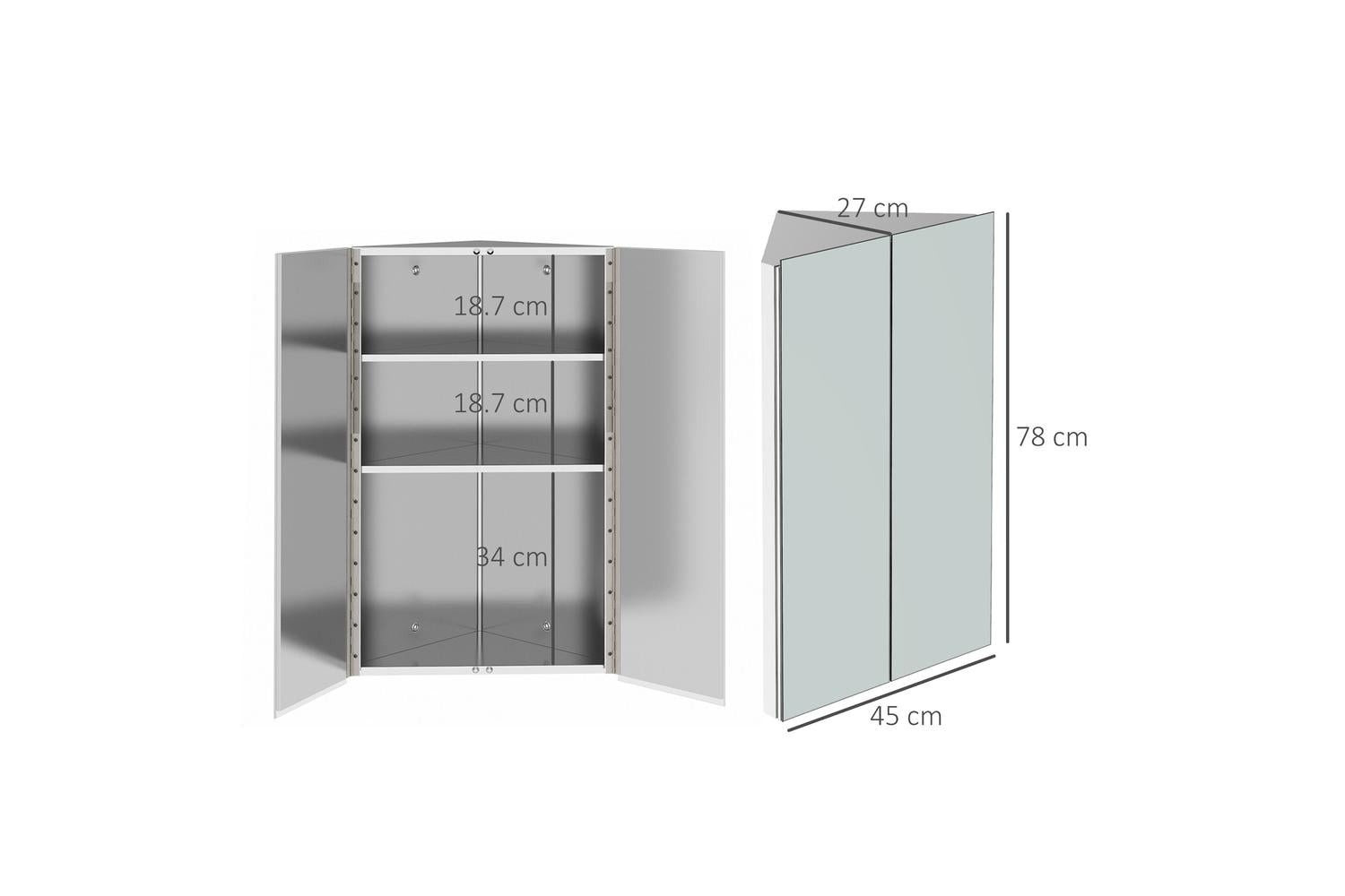 Kleankin Wall Mounted Corner Bathroom Mirror Cabinet | Silver-2