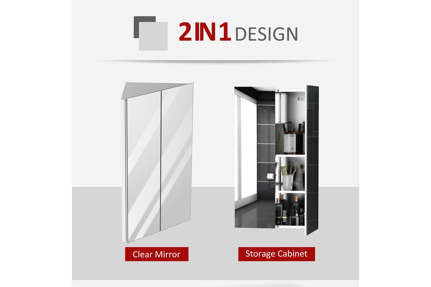 Kleankin Wall Mounted Corner Bathroom Mirror Cabinet | Silver-4