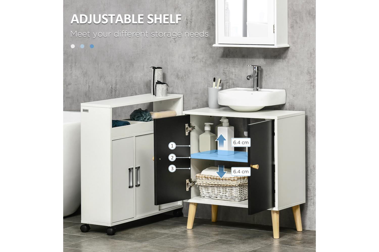 Kleankin Modern Adjustable Shelf Bathroom Sink Cabinet | White/Black/Natural-4