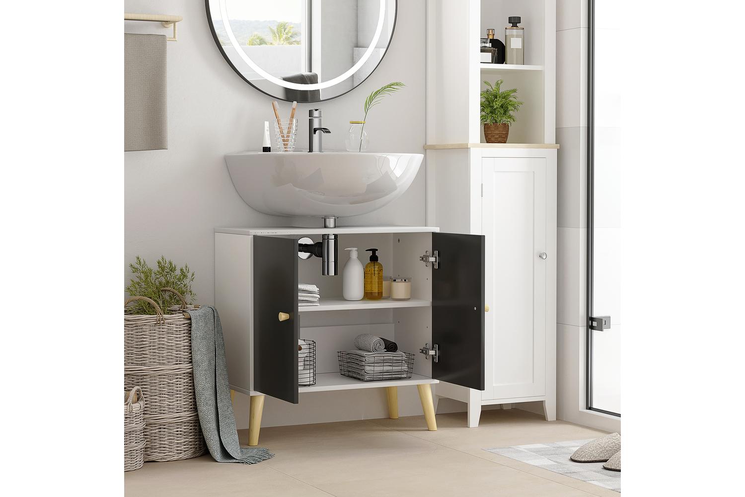 Kleankin Modern Adjustable Shelf Bathroom Sink Cabinet | White/Black/Natural-6