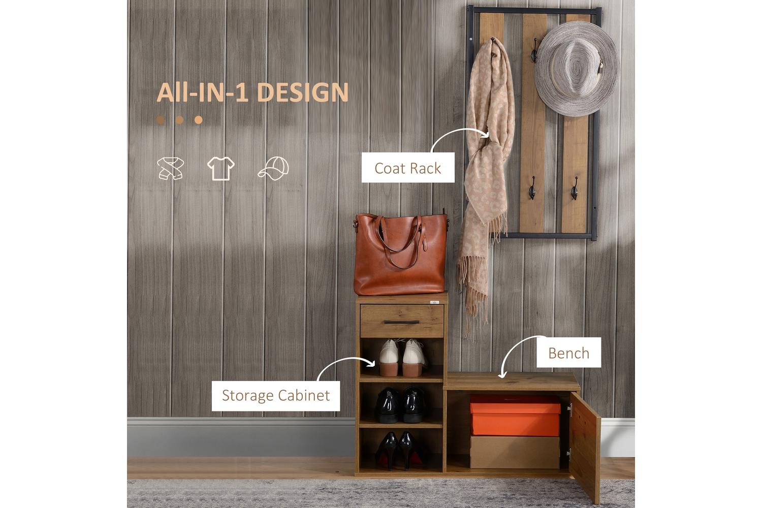 Homcom Coat Rack with Shoe Bench Set | Black/Natural-3