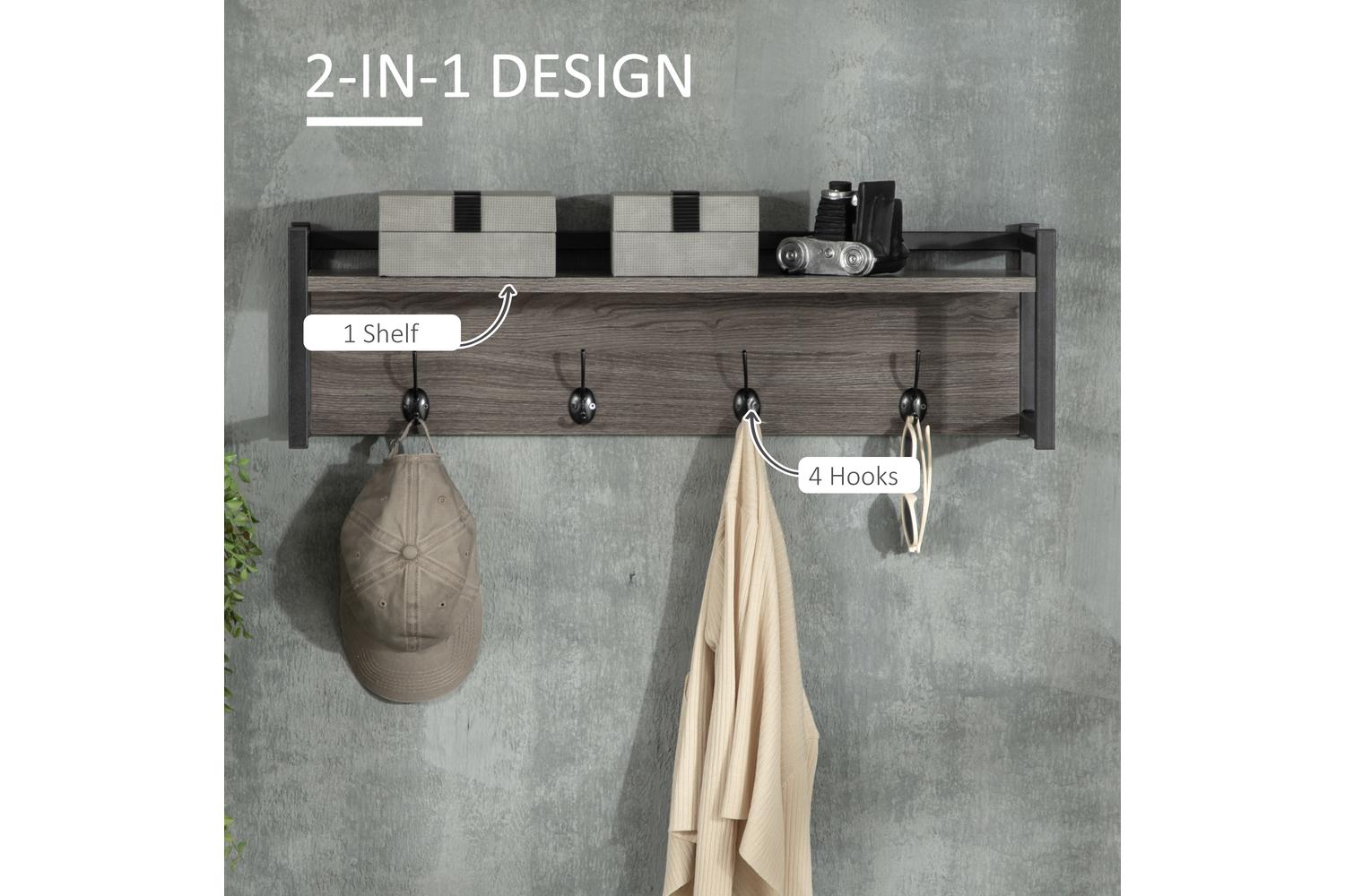 Homcom Wall-Mounted Coat Rack with Open Storage Shelf | Grey-3