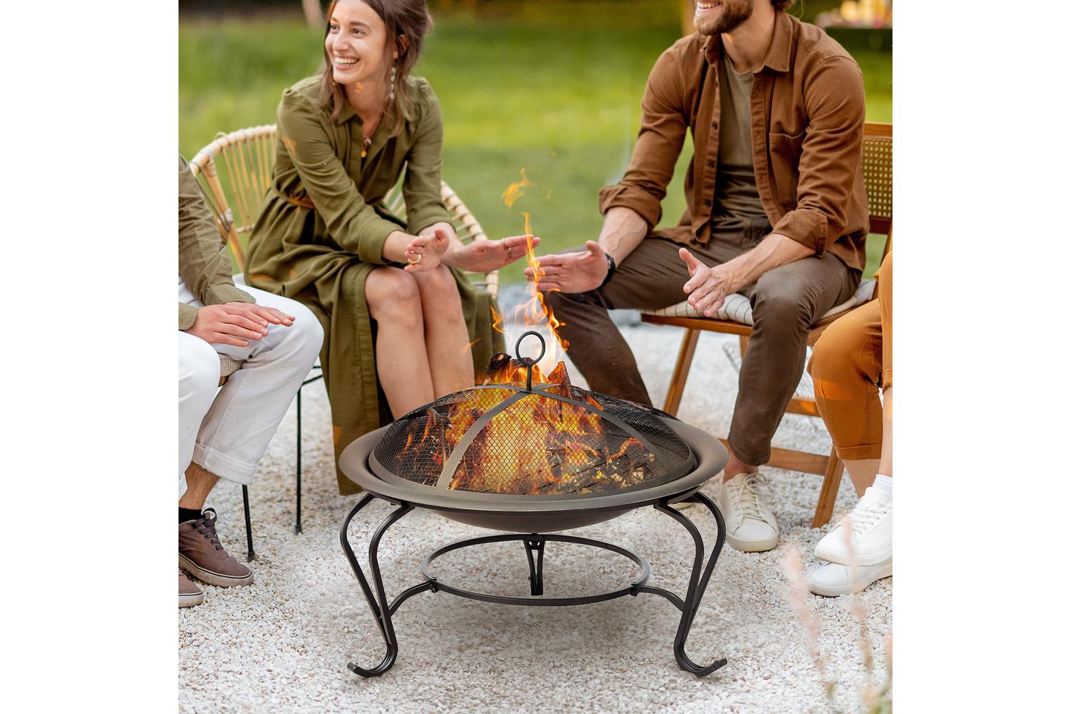 Outsunny Outdoor Metal Round Fire Pit with Poker Handle | Black