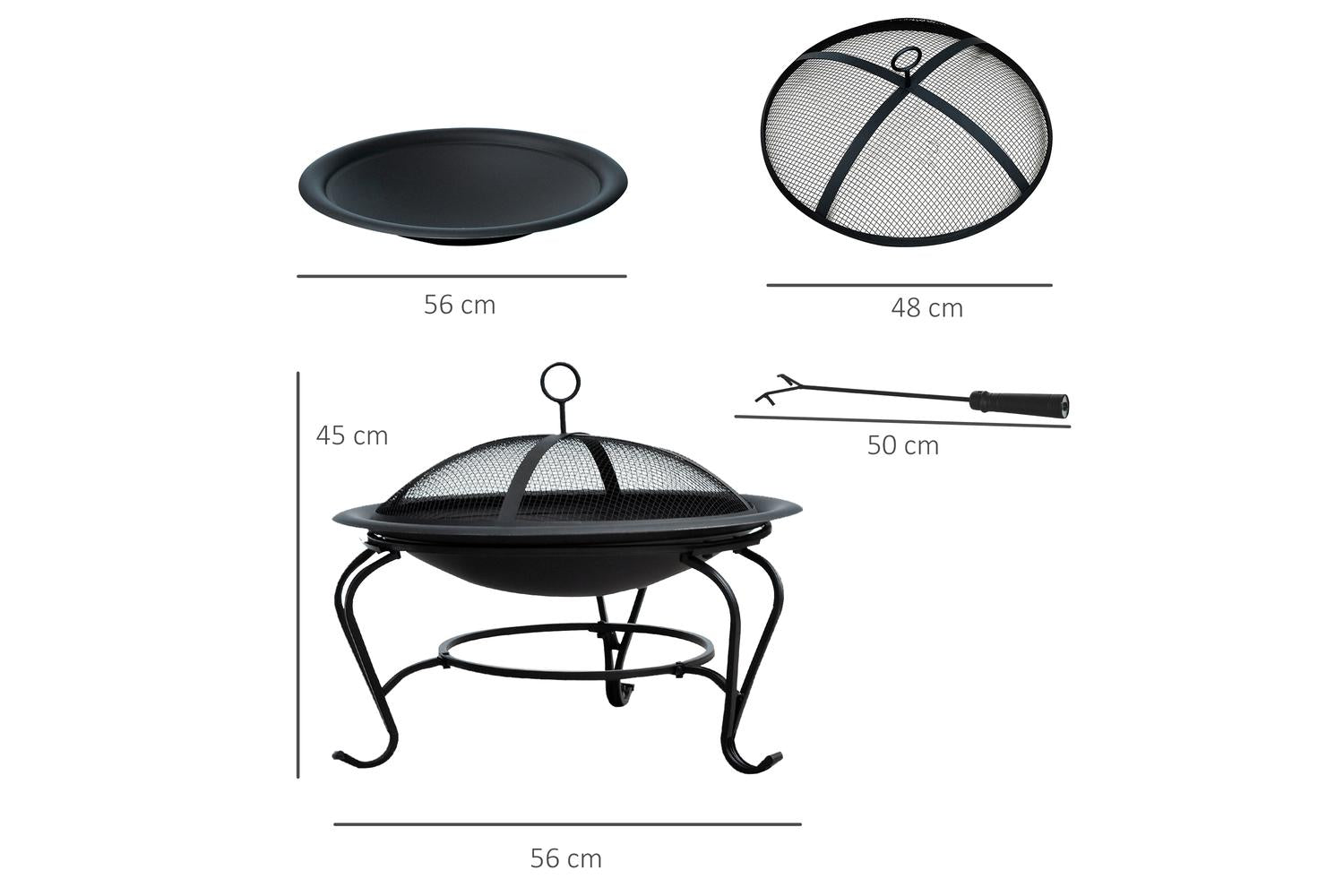 Outsunny Outdoor Metal Round Fire Pit with Poker Handle | Black-2