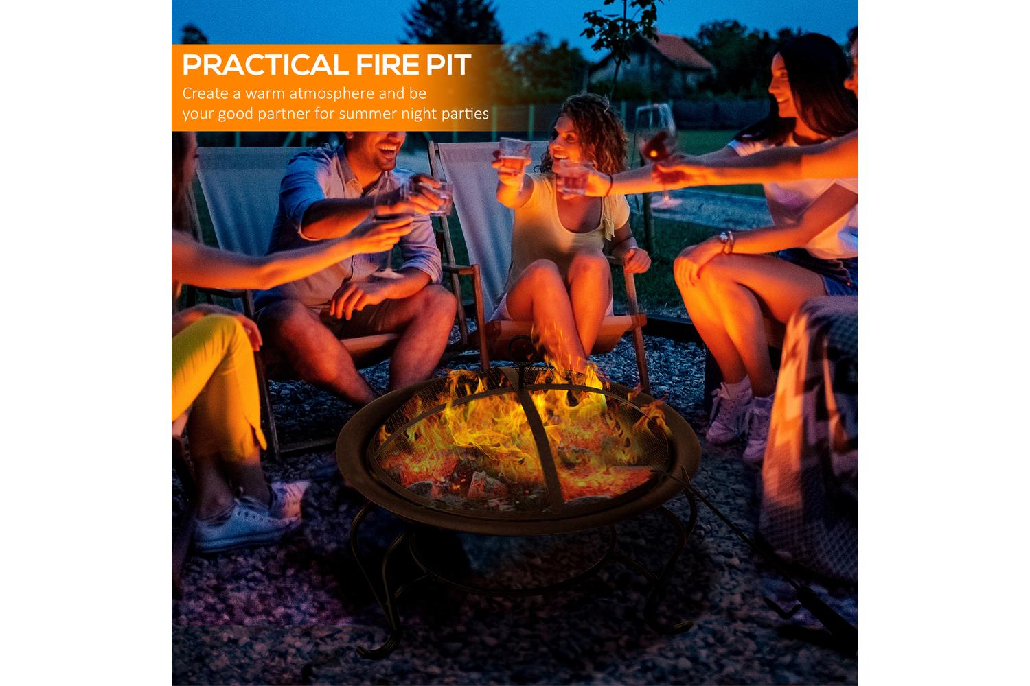 Outsunny Outdoor Metal Round Fire Pit with Poker Handle | Black-3