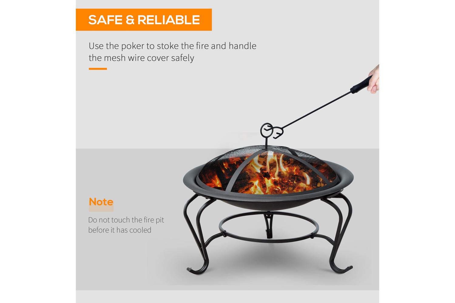 Outsunny Outdoor Metal Round Fire Pit with Poker Handle | Black-4