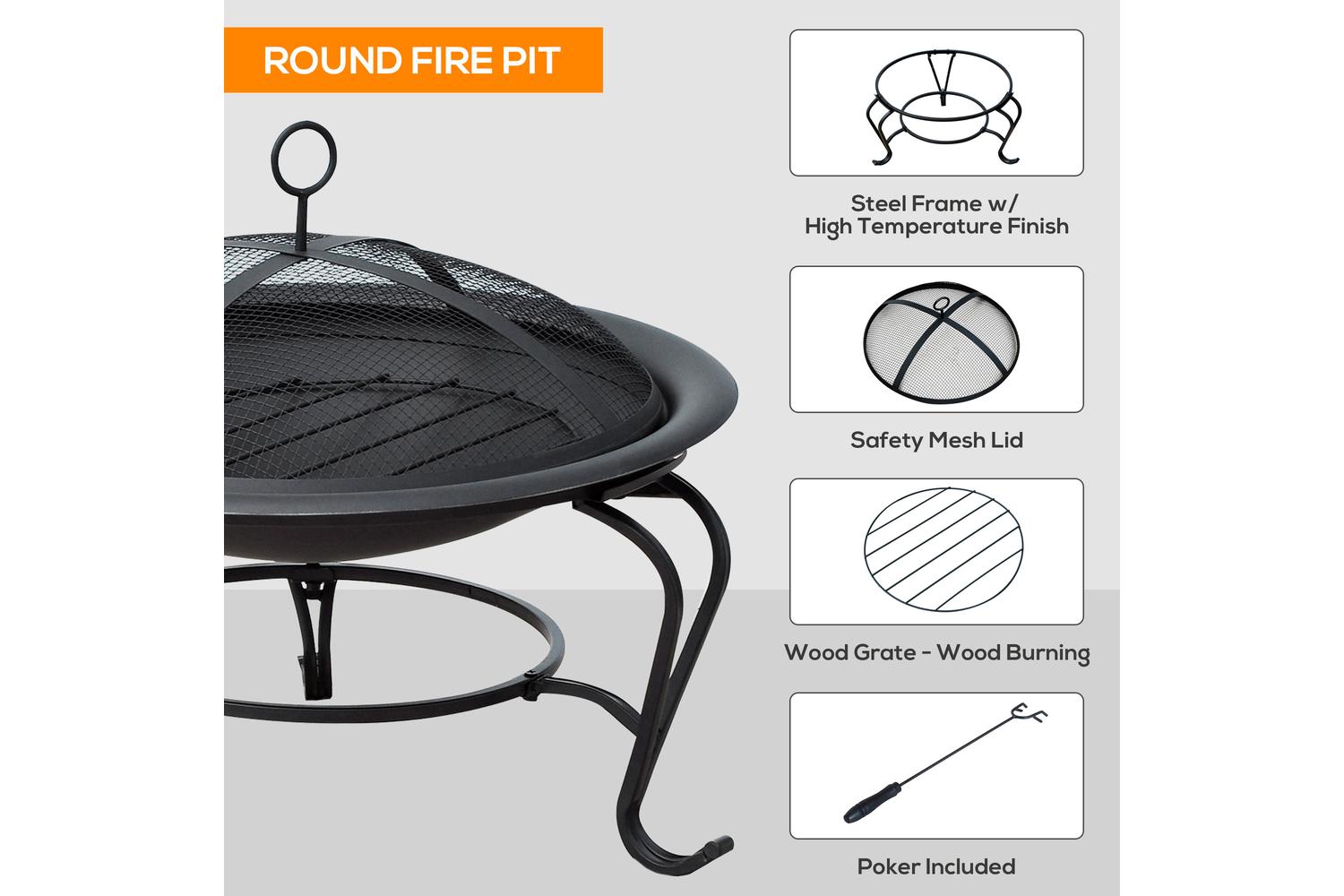 Outsunny Outdoor Metal Round Fire Pit with Poker Handle | Black-5