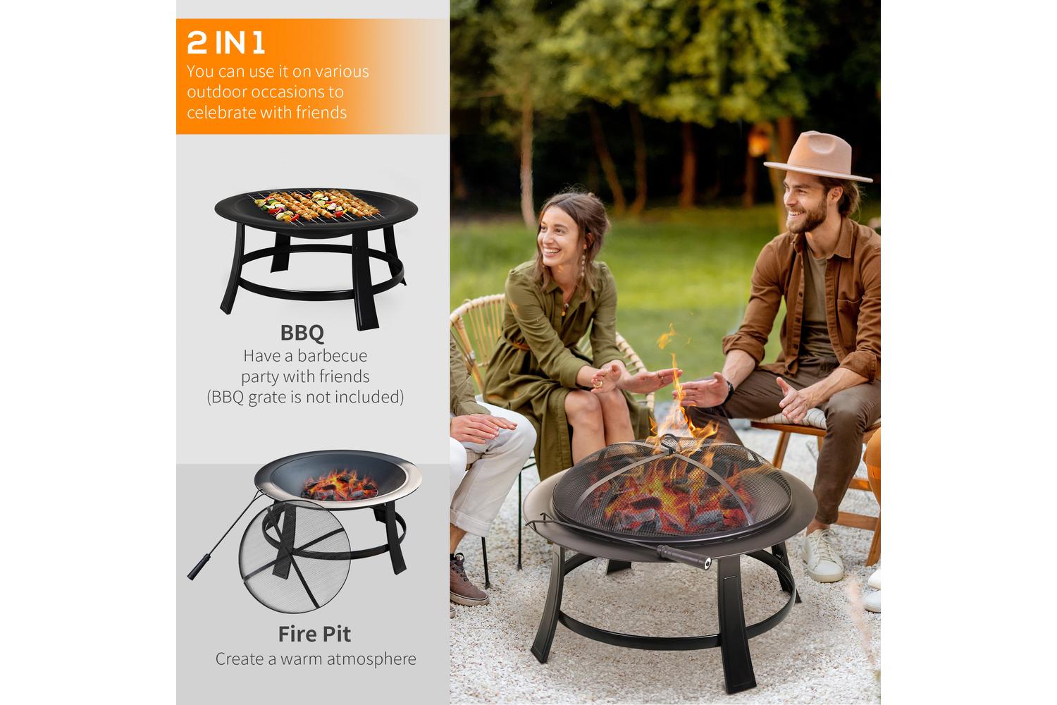Outsunny Outdoor Round Metal Fire Pit with Poker Wood Grate | Black-3