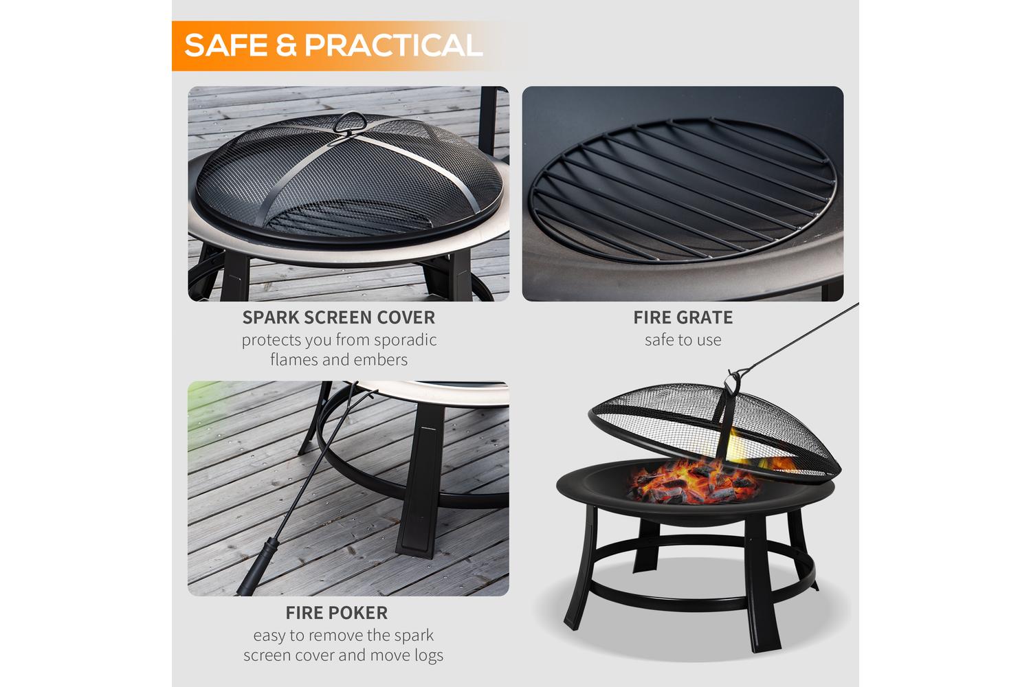 Outsunny Outdoor Round Metal Fire Pit with Poker Wood Grate | Black-4