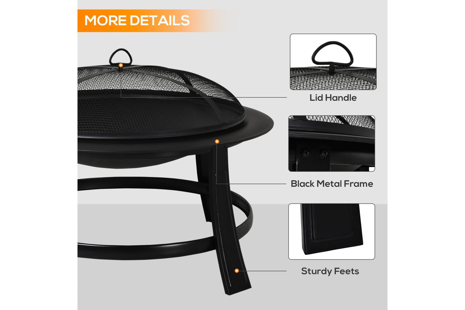 Outsunny Outdoor Round Metal Fire Pit with Poker Wood Grate | Black-5