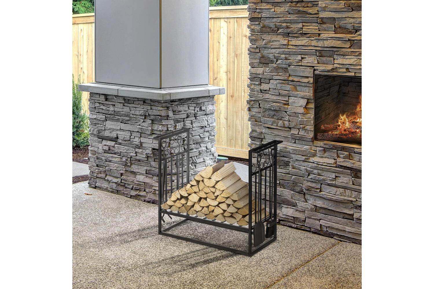 Outsunny Steel Slatted Log Rack | Black