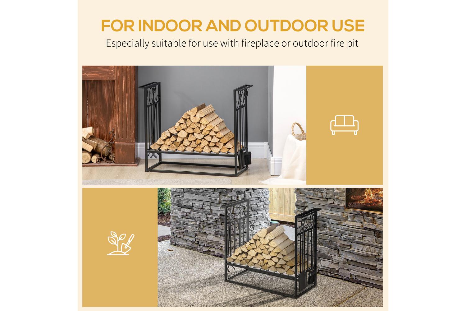 Outsunny Steel Slatted Log Rack | Black-5