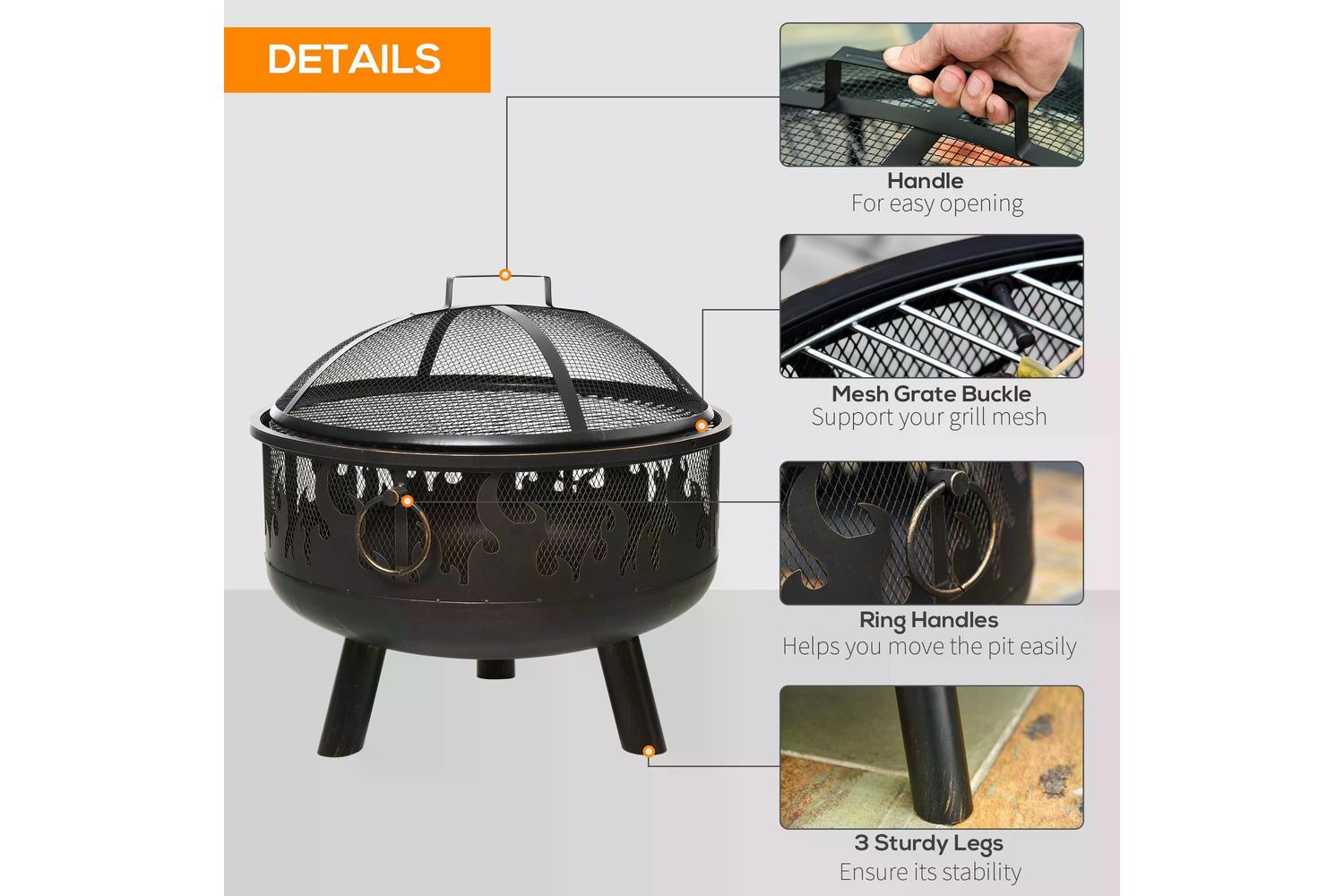 Outsunny Fire Pit with Grill Cooking Grate Poker | Black-5