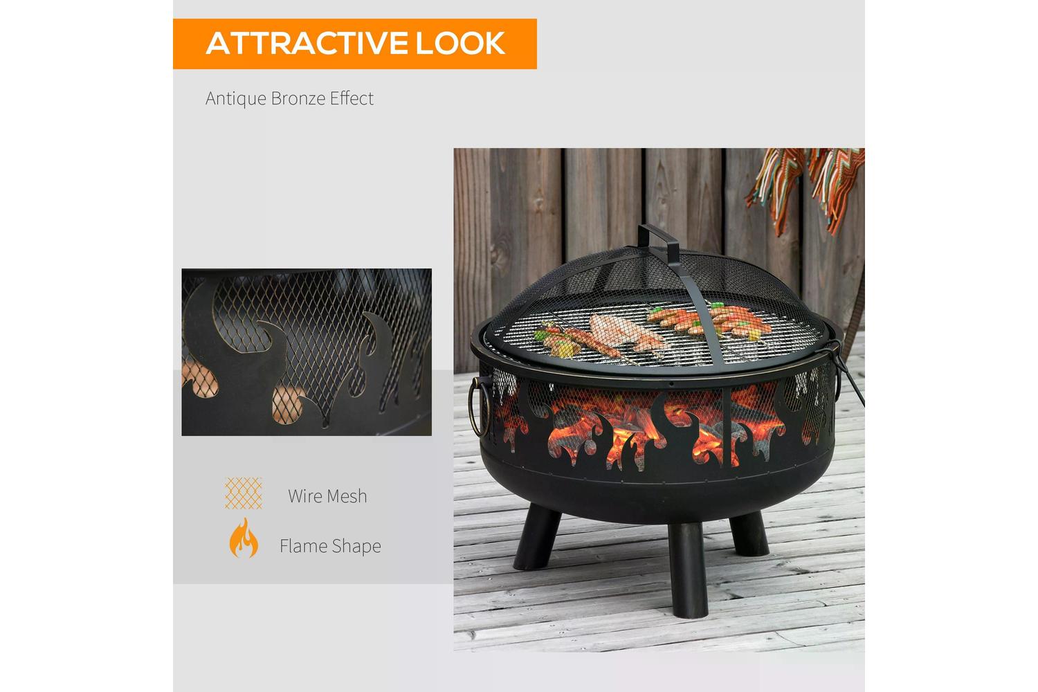 Outsunny Fire Pit with Grill Cooking Grate Poker | Black-6